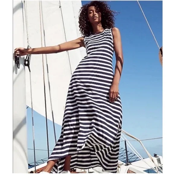 J. Crew Striped High Low Maxi Dress, White Navy Icon Stripe Nautical Beach, M - Picture 1 of 9